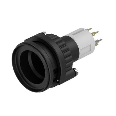 A black, round adapter plug with multiple metal contacts on the back. The plug is shown at an angle.