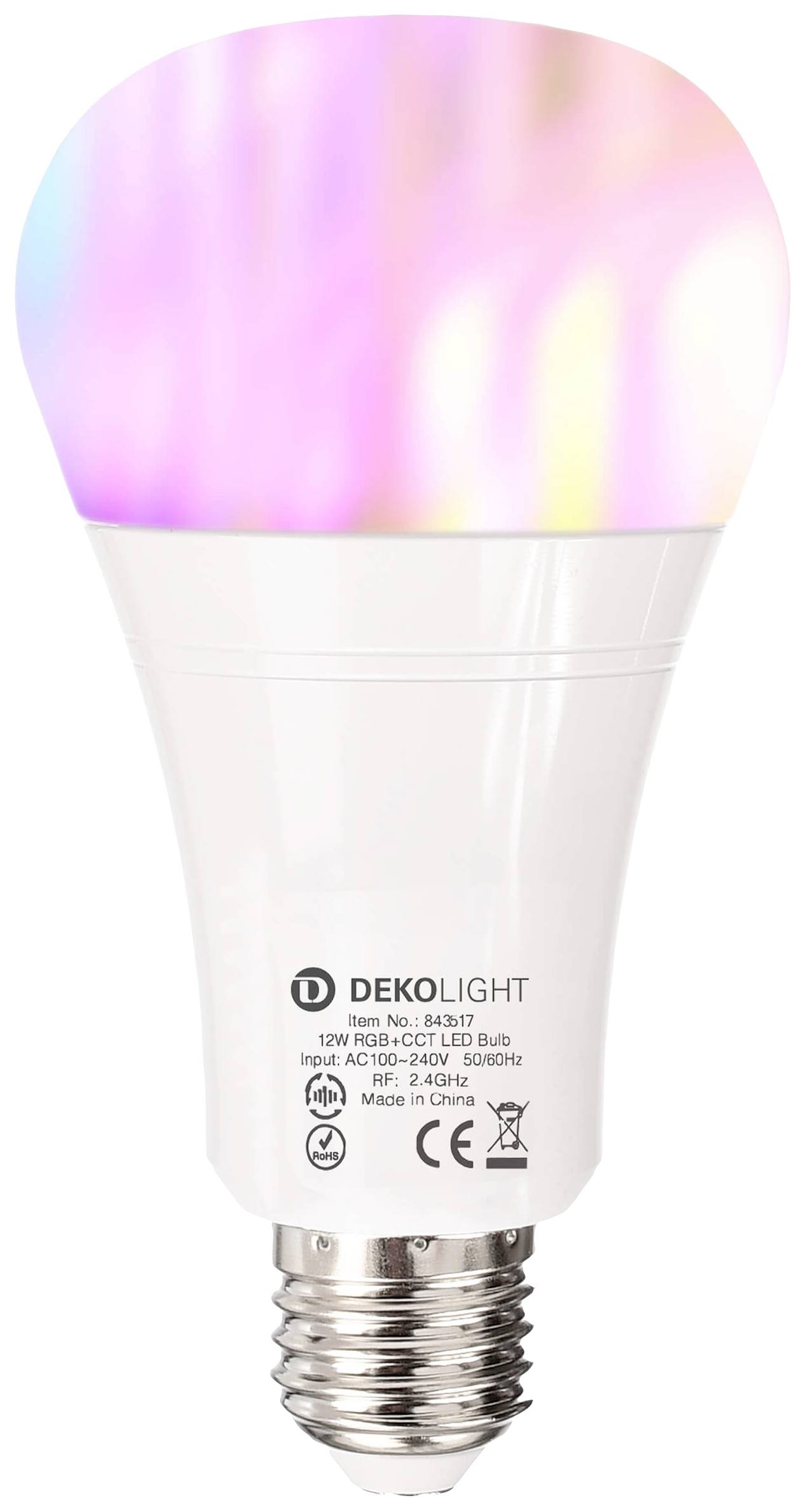 A LED light bulb with changing, colourful light. It is designed for smart lighting and features the DEKOLIGHT logo and technical specifications.