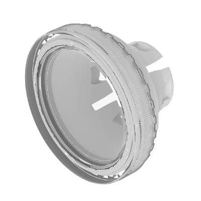 A round, transparent plastic casing with a serrated edge and an internal structure, potentially part of a mechanical device.