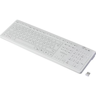 Wireless white keyboard with German QWERTZ layout and separate USB receiver, suitable for computers and laptops.