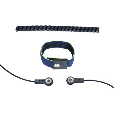 'ESD wrist strap with coiled cable and earthing connection, for dissipating static electricity when working with sensitive electronic components.'
