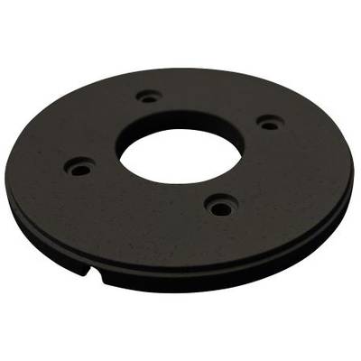 A round, black metal disc with five holes, three evenly distributed around the edge and two in the centre.