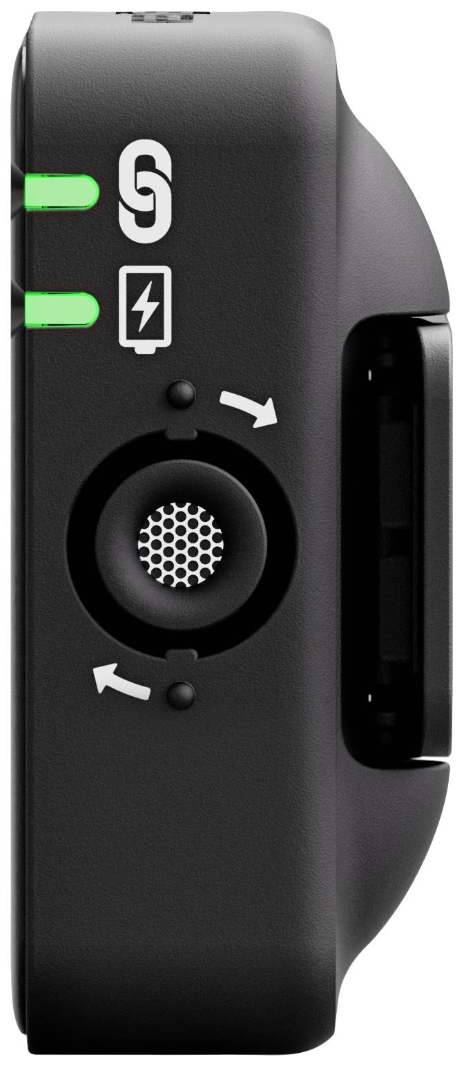 A black electronic device panel with two green LED lights and a speaker grille in the centre. Bluetooth and battery symbols are visible.