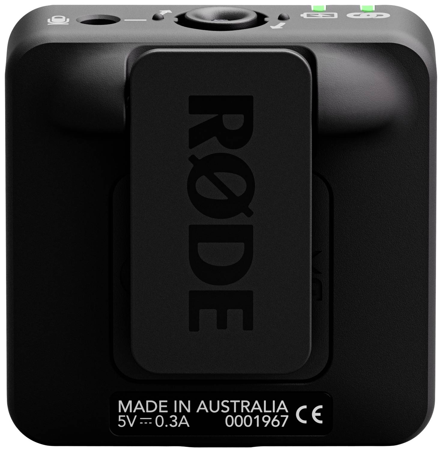 Black device by RØDE with the inscription 'MADE IN AUSTRALIA'. It has connections and indicator lights on the top surface.