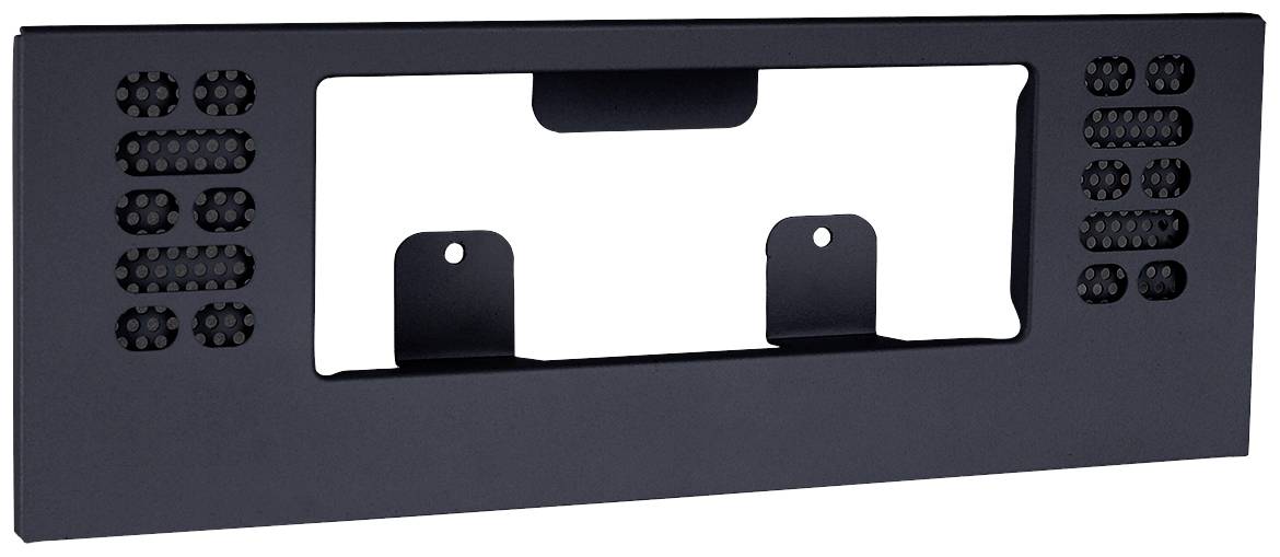 Metal mounting plate, rectangular with two internal mounting brackets, openings for cable entry and multiple rectangular ventilation slots.