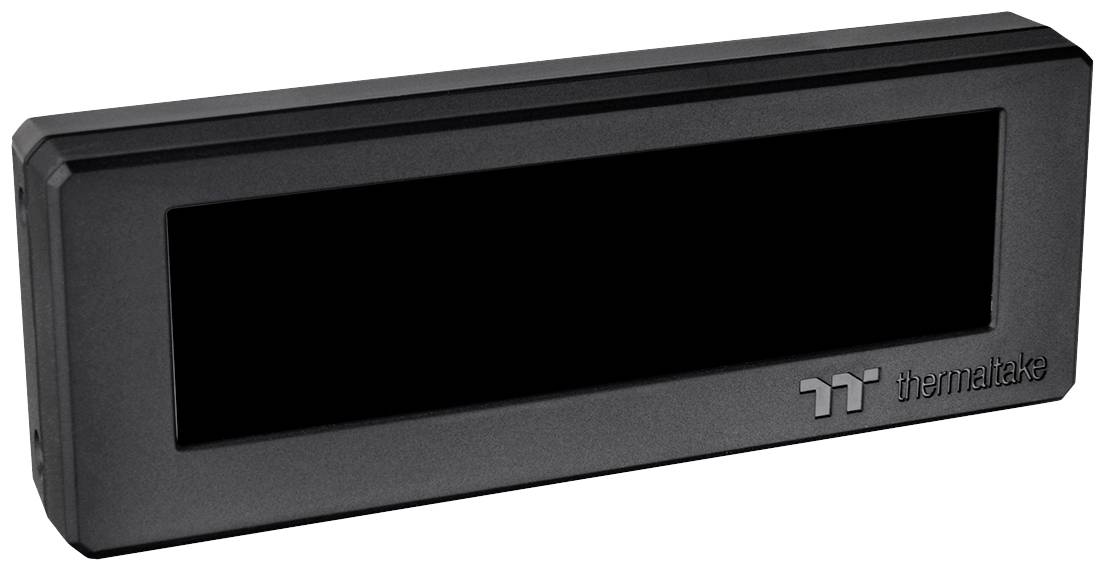 Rectangular digital screen in a black casing, with a company logo in the bottom right corner.