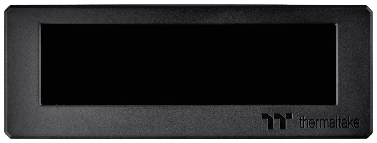 A rectangular, black display by Thermaltake with an empty screen, housed in a plain casing.