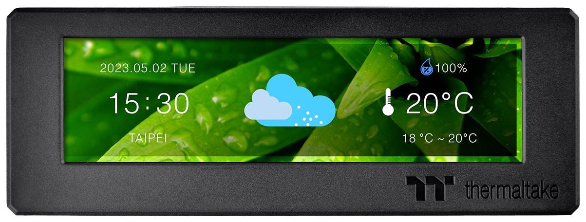 Digital screen shows the weather in Taipei on 2 May 2023: Time 15:30, Cloudy, 20°C, Humidity 100%, Temperature range 18–20°C.