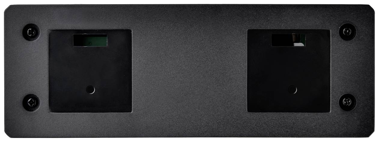 Black rectangular metal plate with two square openings in the centre and mounting screws at the corners.