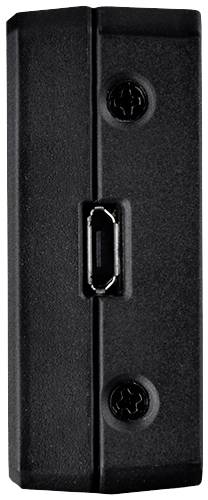 Black adapter with USB port in the centre, surrounded by two screws on the upper and lower sides.