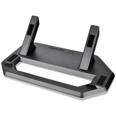 Laptop stand made of black material with two adjustable arms that elevate the device. Ideal for improved ventilation and ergonomics.
