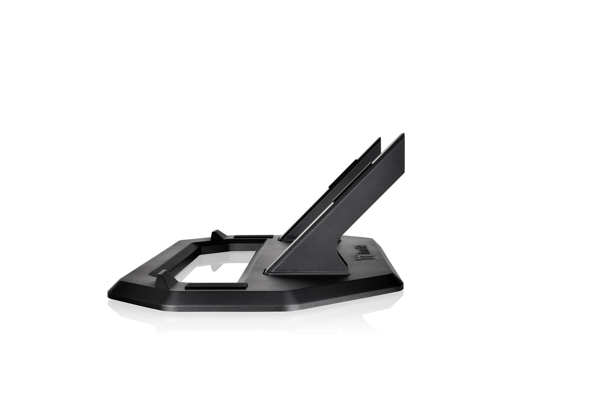 Black, angled laptop stand made of plastic, shown from the side, provides raised positioning for ergonomic working.