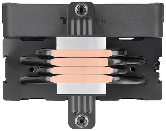 Heatsink with copper heat pipes and aluminium fins of a PC processor cooler. Front view, focusing on heat dissipation components.