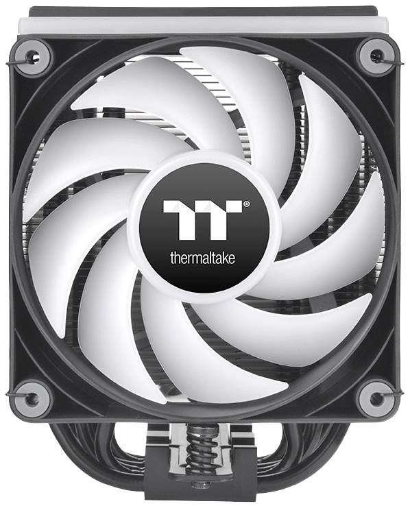 A Thermaltake computer fan with rotating white blades in a square black housing, shown from the front.