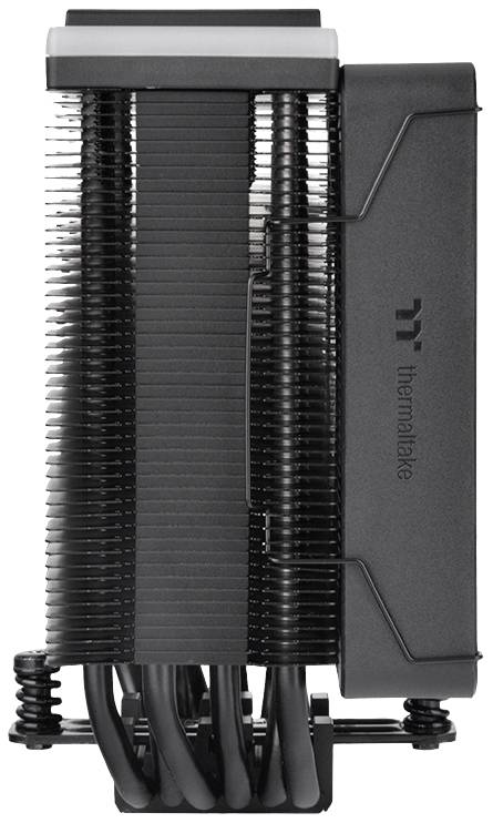 Black CPU heatsink with vertical fins and heatpipes, featuring the 'Thermaltake' logo on the side, suitable for computer processors.