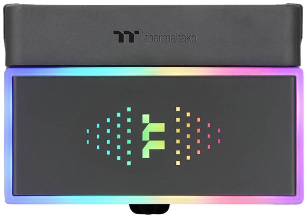A black RGB fan with an illuminated Thermaltake logo, surrounded by colourful lights on a black chassis.