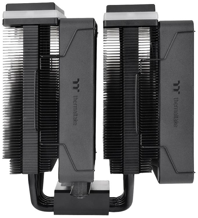 A PC cooler with two large heatsink blocks and black heat pipes. The 'Thermaltake' brand is visible on the sides.