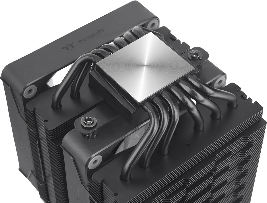 A large CPU cooler with multiple heat pipes and cooling fins for heat dissipation, showing a shiny, metallic contact block.