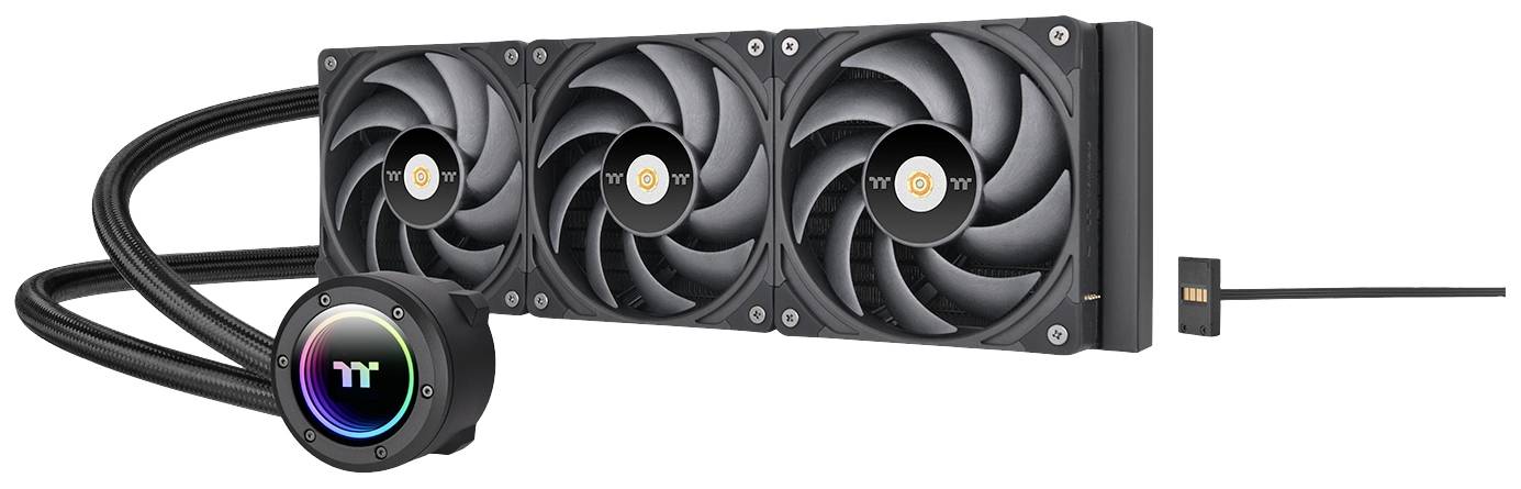 A triple PC cooler with fans and a sealed water circuit. A round control unit displays the logo with RGB lighting.
