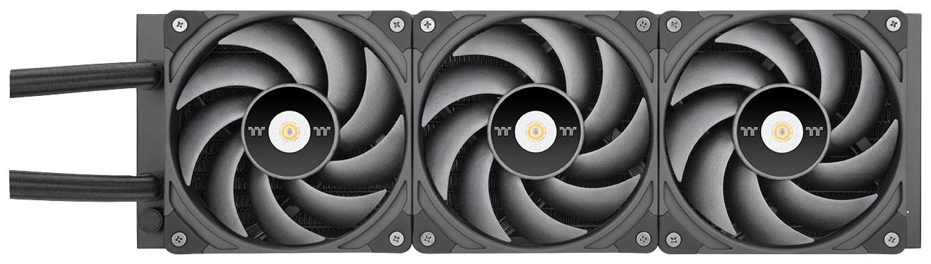 Three black computer fans mounted side by side, with visible cables on the left, against a grey background. Fan blades in motion.