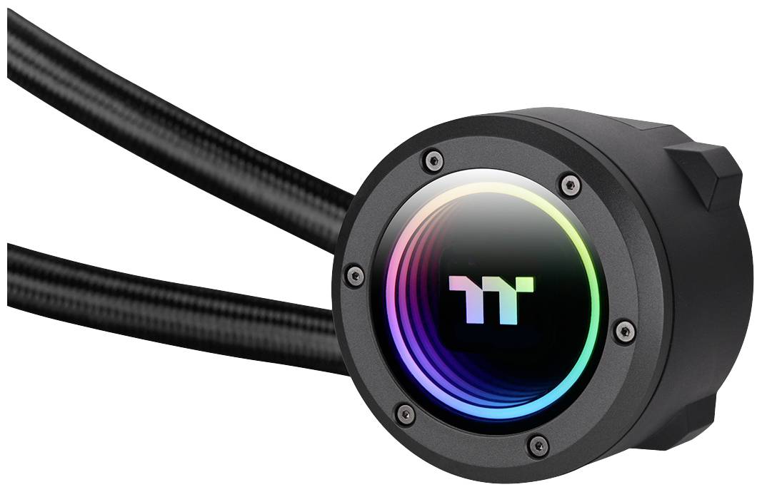 Cooling head of a water cooling system with RGB lighting and a black housing, with two tubes connected.