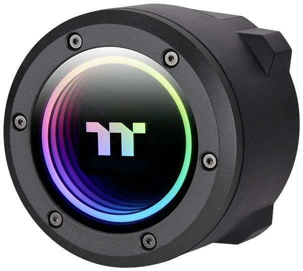 A black, round computer fan with a rainbow LED effect and a logo in the centre.