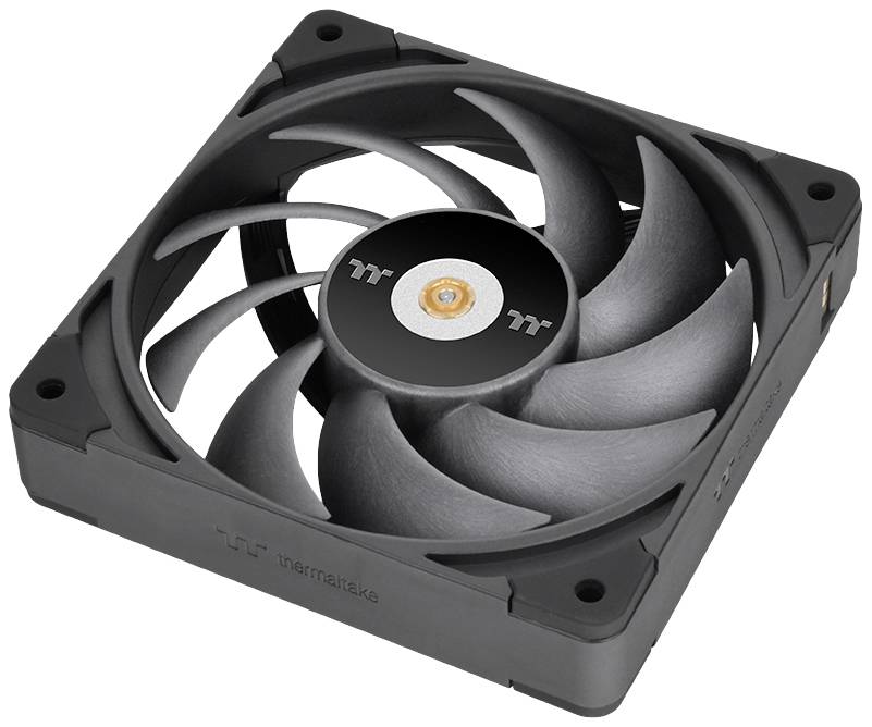 Black computer fan with multiple blades, placed on a white background. The fan displays a brand logo in the centre.