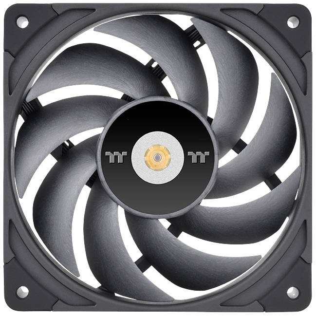 A black computer fan in a square frame with nine blades, featuring a central hub logo, used for cooling in PCs.