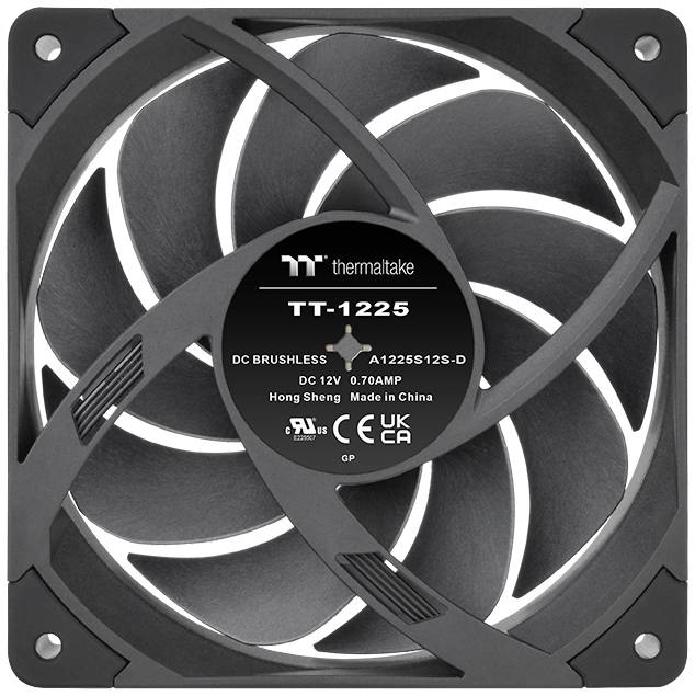 Black computer fan with six curved fan blades. Sticker in the centre shows brand 'Thermaltake', model 'TT-1225'.