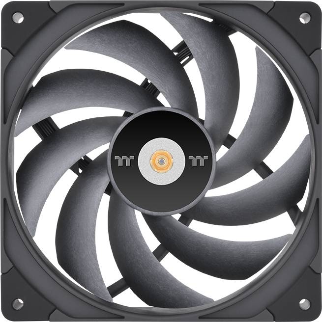 A black computer fan with nine blades and a round central shield featuring a distinctive logo.