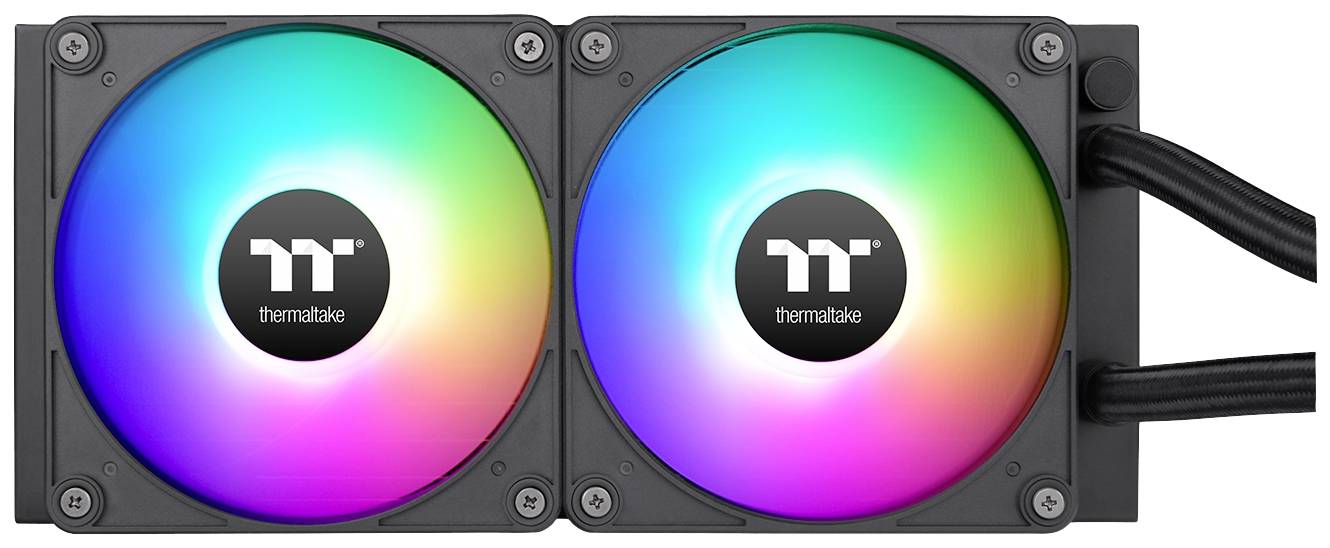 Two Thermaltake RGB case fans mounted side by side are illuminating in changing rainbow colours.