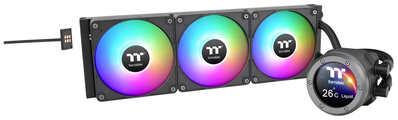 Three RGB LED fans with water cooling unit, temperature display showing 26°C, suitable for PC cooling.