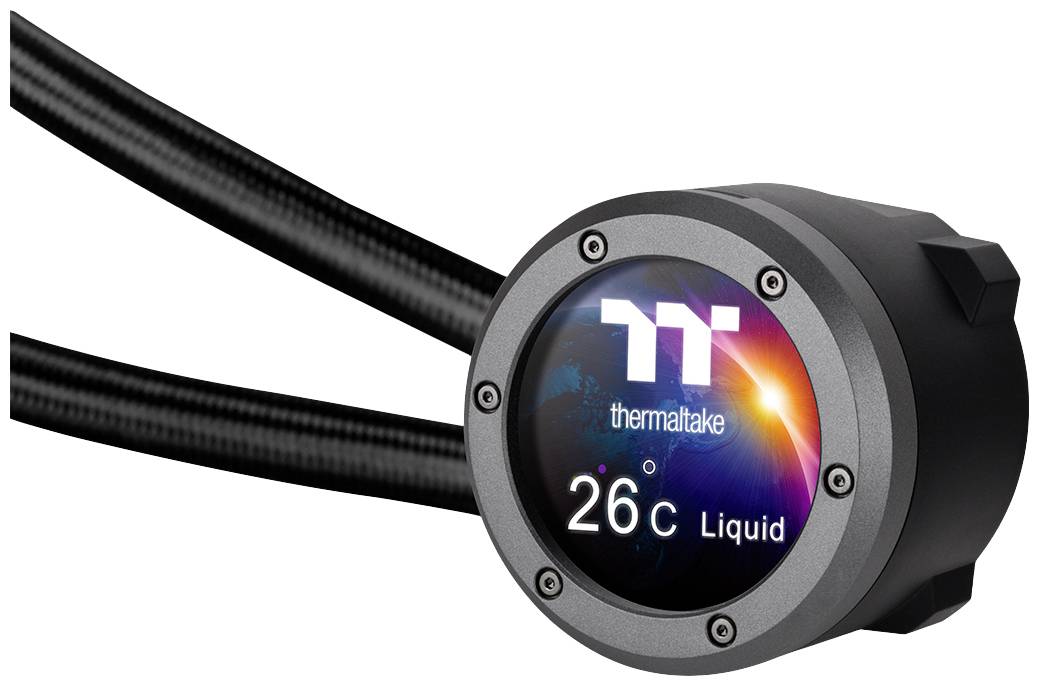Computer cooling device with a display showing the 'Thermaltake' logo and indicating a temperature of 26°C, connected by two tubes.