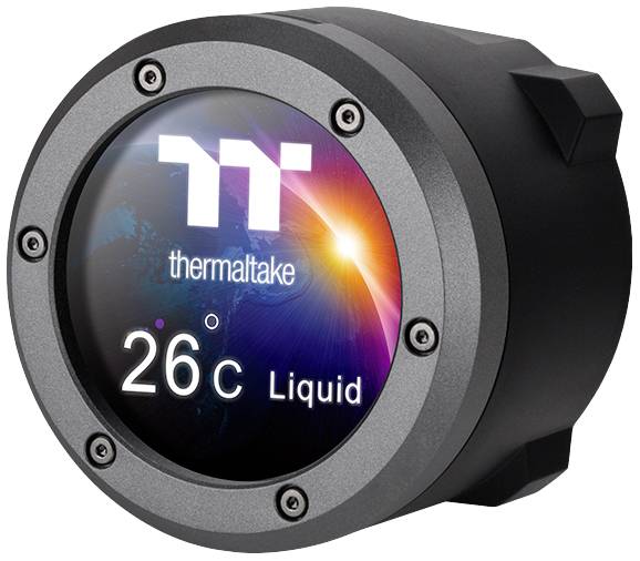Circular display with Thermaltake logo shows '26°C Liquid' on a black background with colourful light reflections.