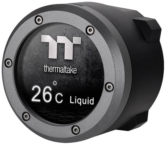 A circular computer thermometer by Thermaltake displays '26°C Liquid'. It has a black casing with a silver border.