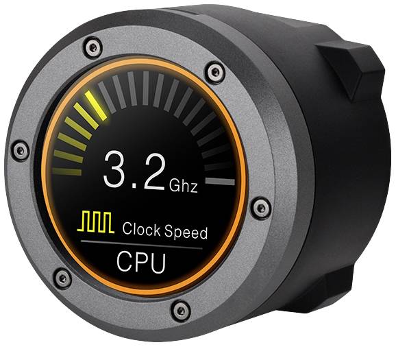 Round device display shows '3.2 GHz' as CPU clock speed, with yellow progress indicator and text 'Clock Speed'.