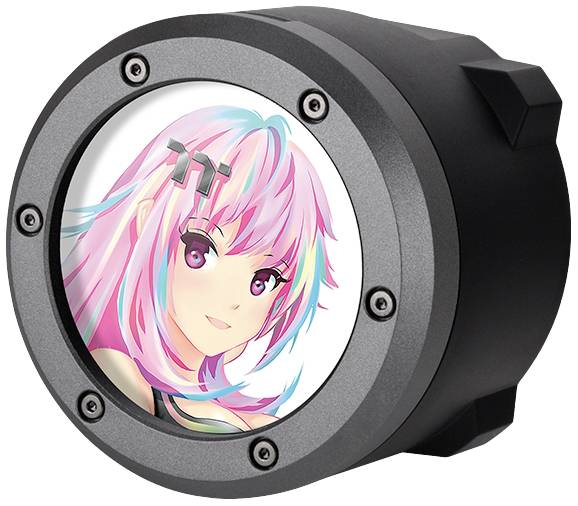 Illustration of a smiling girl with pink and blue hair on the front of a round, black device.