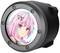 Illustration of a smiling girl with pink and blue hair on the front of a round, black device.