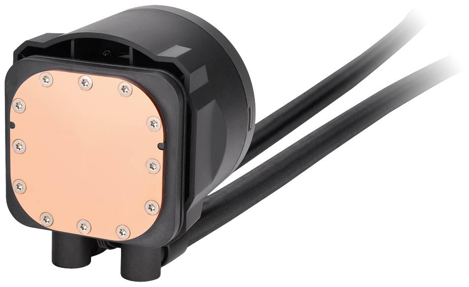 Black pump with copper core, two cables, cylindrical in shape. Likely used in technical or electronic applications.