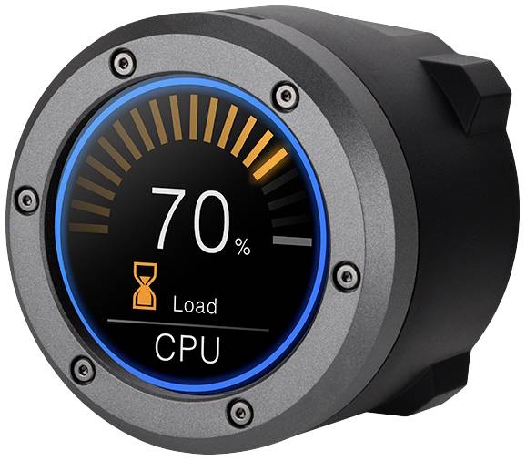 Round display shows '70% CPU Load' with an orange progress bar and an hourglass.