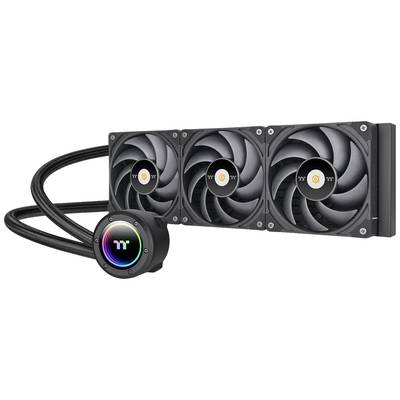 'Black CPU liquid cooler with three fans and RGB-illuminated pump head, suitable for computer cooling solutions.'