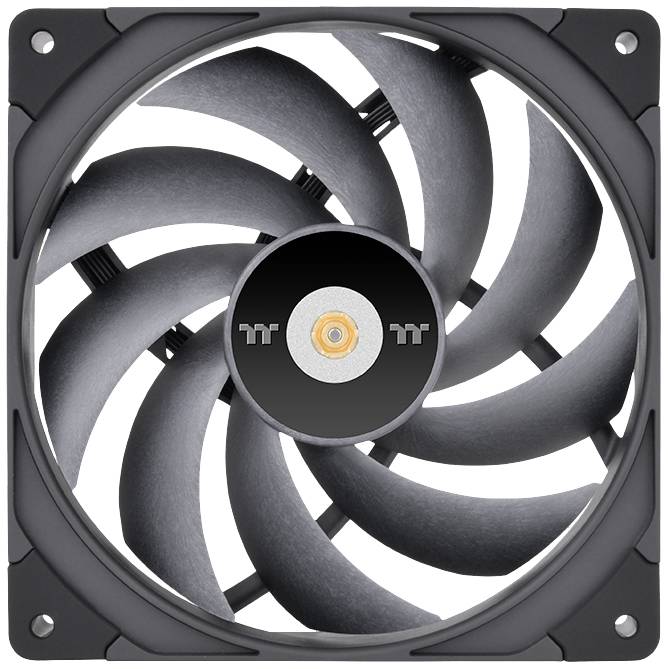 A black computer fan with nine curved blades, centred on a dark background.