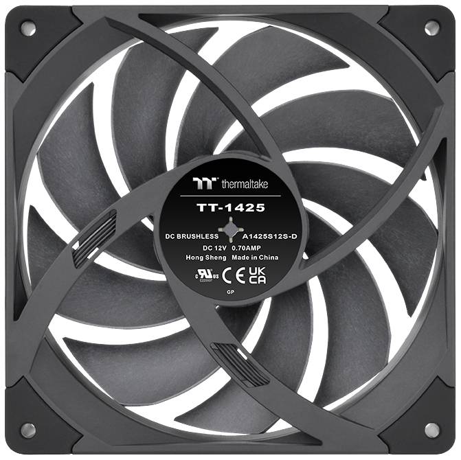 A black Thermaltake computer fan, model TT-1425. 12V, 0.70A, manufactured in China.
