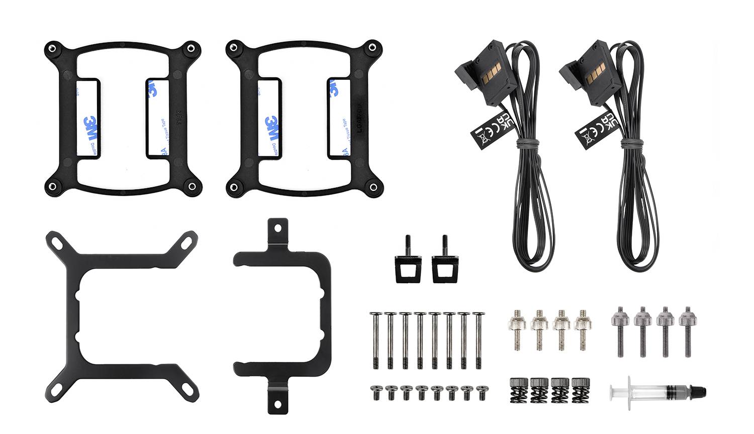Mounting kit for CPU cooler consisting of two black brackets, screws, cables, and accessories on a white background.