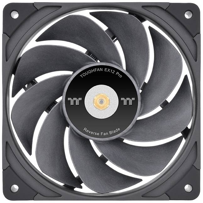 PC cooling fan in close-up, black casing, black rotor with distinctive blades and 'TOUGHFAN EX12 Pro' print on the hub.