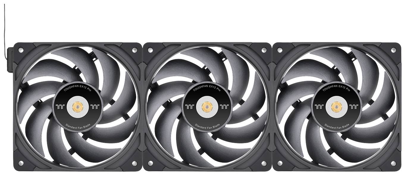 Three black fans in a row with white fan blades, suitable for cooling in technical devices or computers.