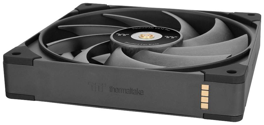 Black computer fan by Thermaltake with a square frame and multiple curved blades, designed for cooling electronic components.