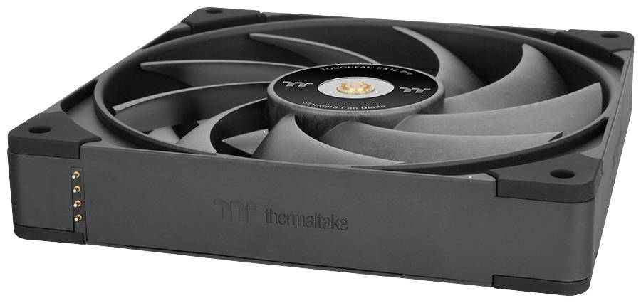 Black Thermaltake D12 case fan with multiple blades in a square frame.