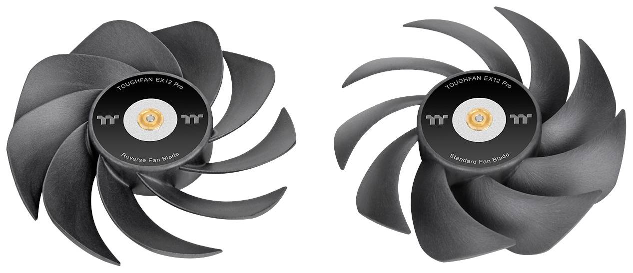 Two black fan blades with rotating wings. The fans have a central, round logo.