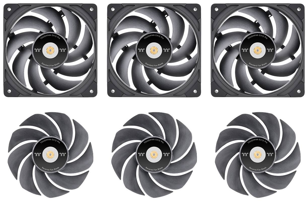 Five black computer fans, three inside the case and two without, on a white background. They are evenly arranged.
